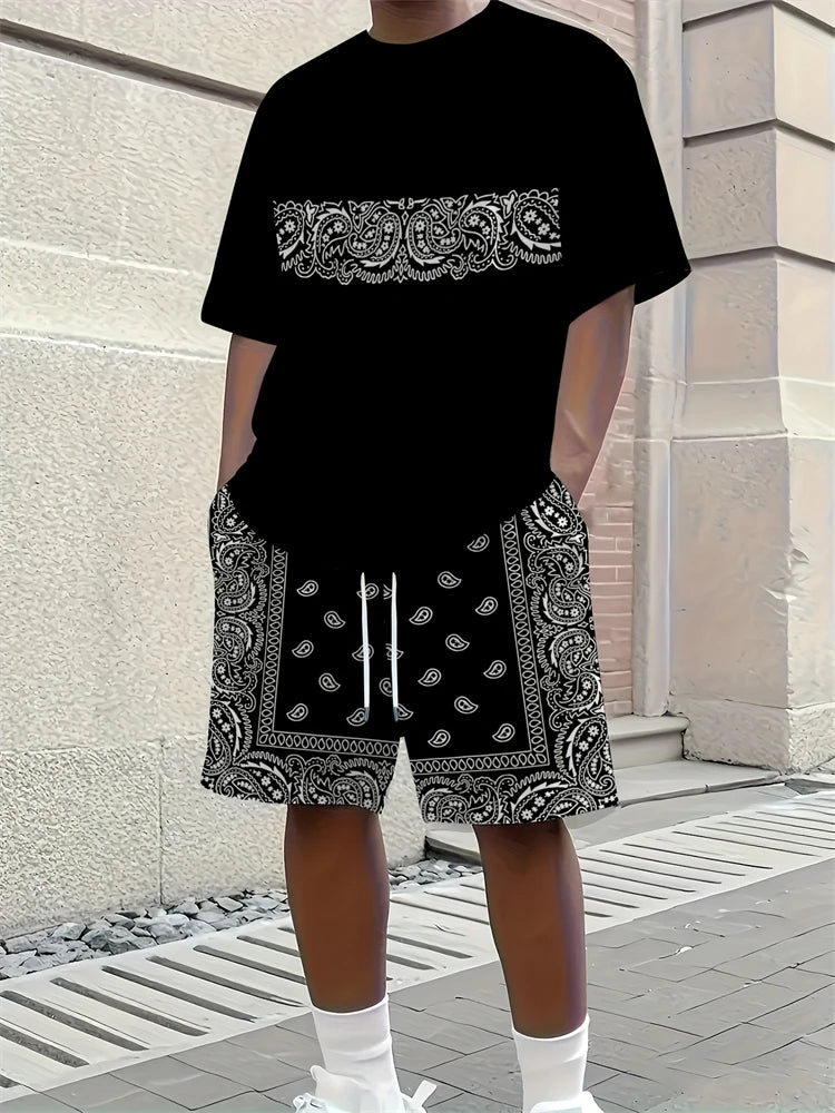 Men's Paisley 3D Print T-Shirt & Drawstring Shorts Set