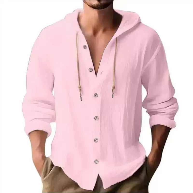 Men's Loose Cotton-Linen Long-Sleeve Hooded Shirt