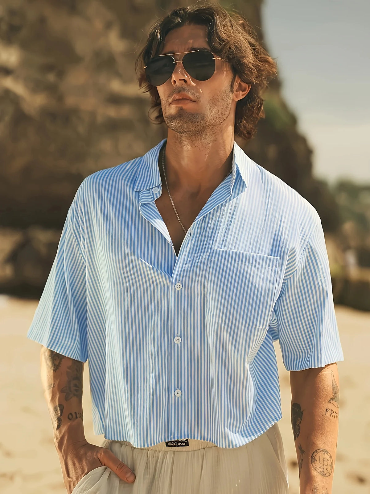 Men's Casual Striped Short-Sleeve Button-Down Shirt