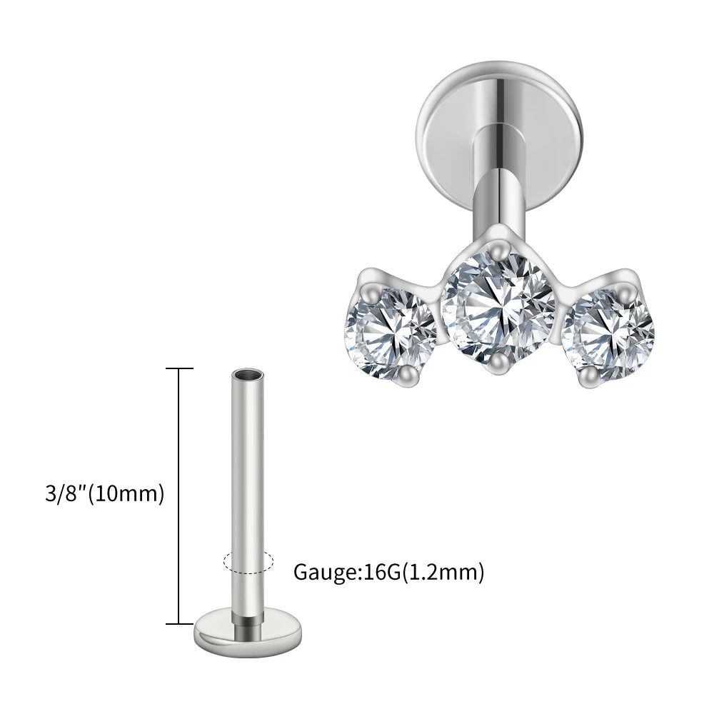 ASTM F136 Titanium 16G Triple CZ Cluster Flat Back Labret Piercing