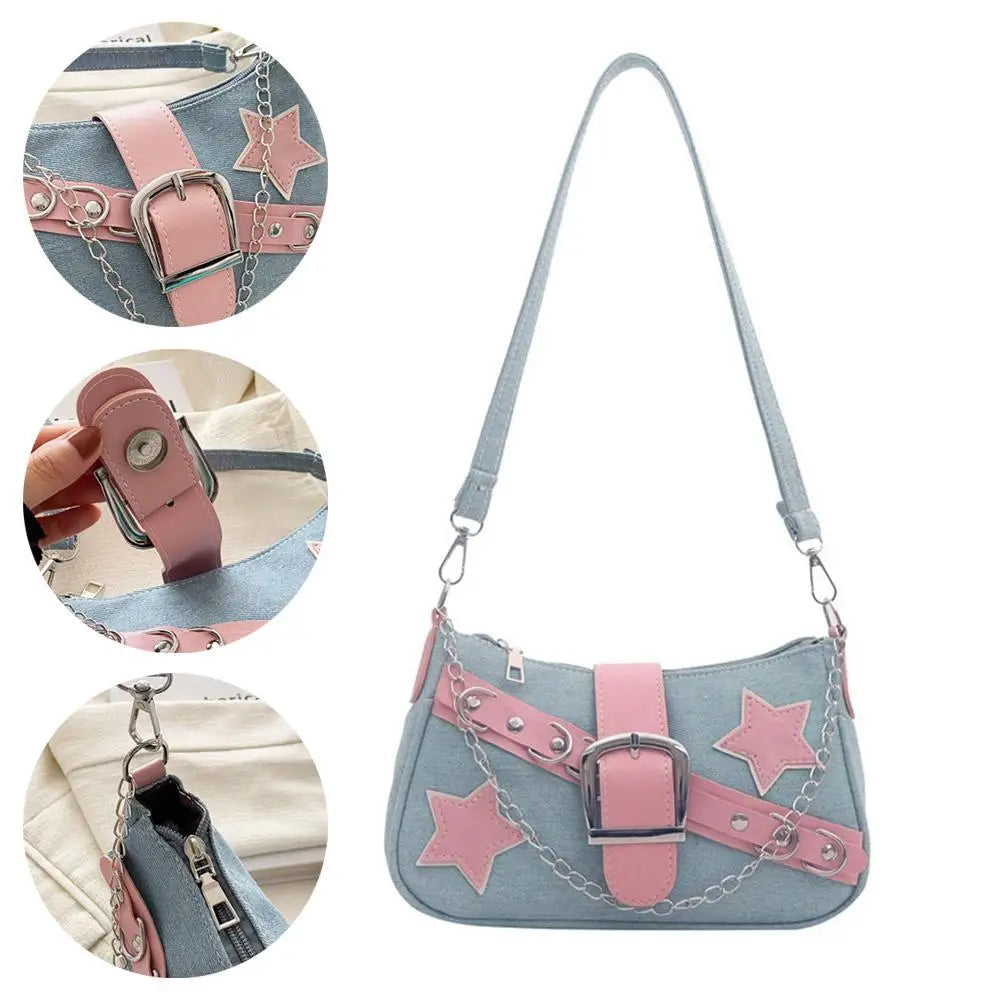 Women's Denim Star Pattern Underarm Bag & Chain Shoulder Hobo Bag