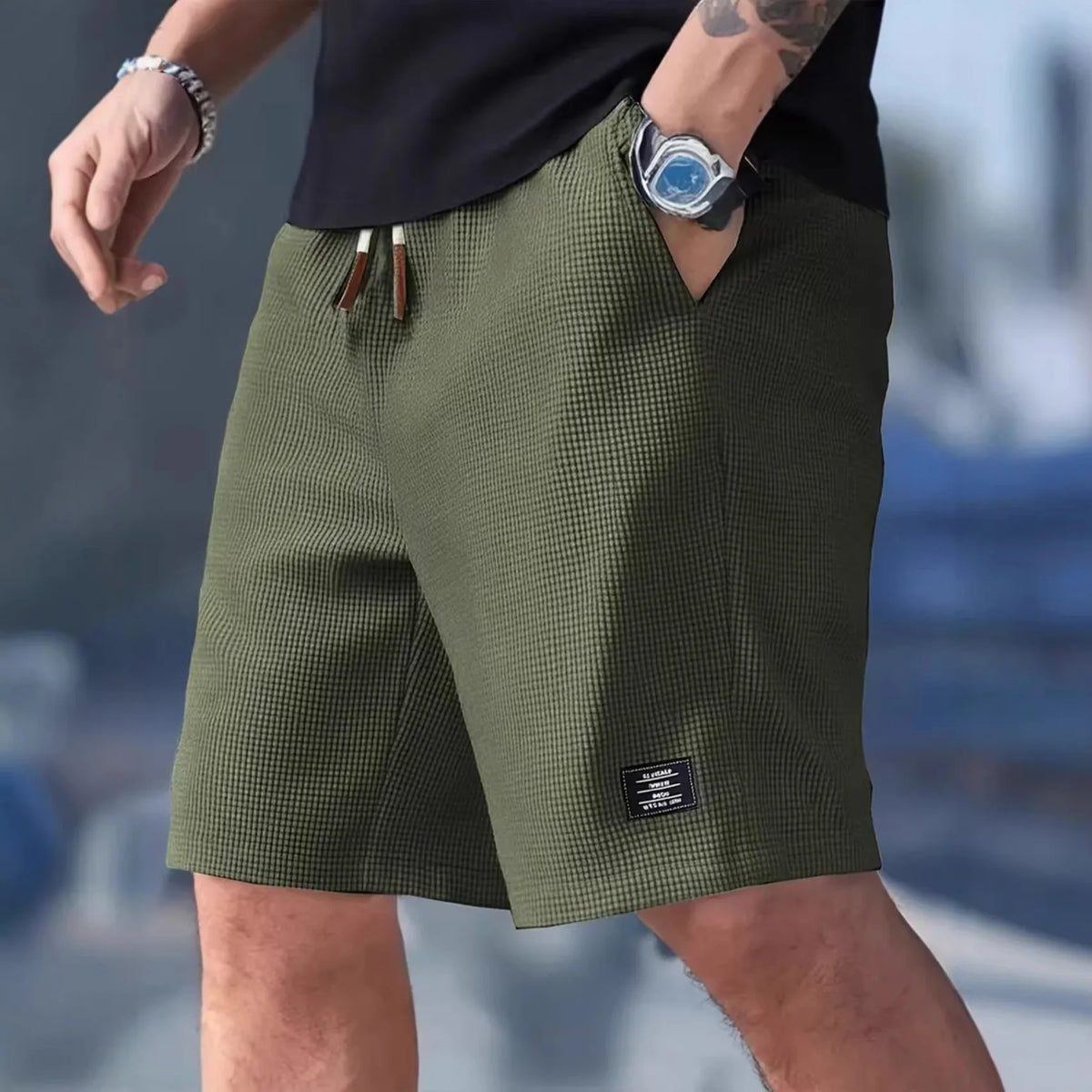 Men’s Waffle Knit Quick-Dry Casual Shorts – Breathable Beach & Streetwear Bermuda Shorts