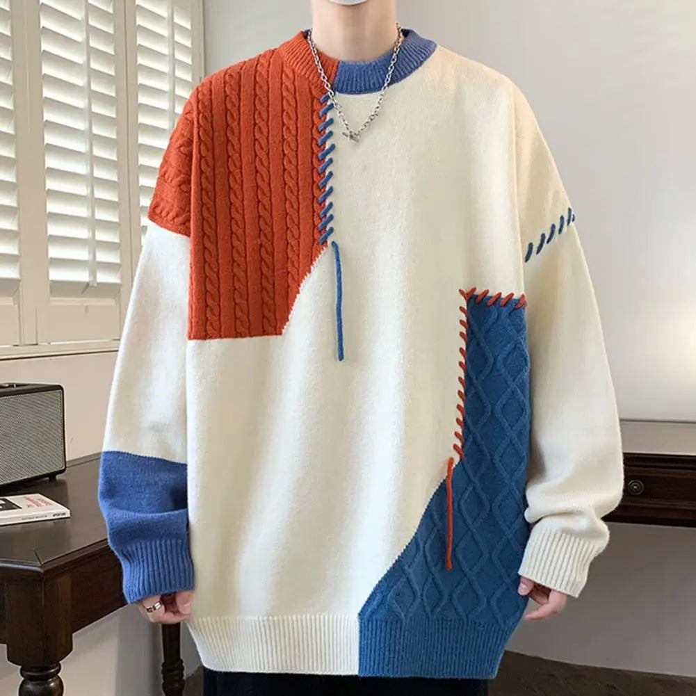 Men Long Sleeve Sweater Men's Winter Colorblock Patchwork Sweater with Irregular Design Round Neck Knit Loose Fit Thick Sport