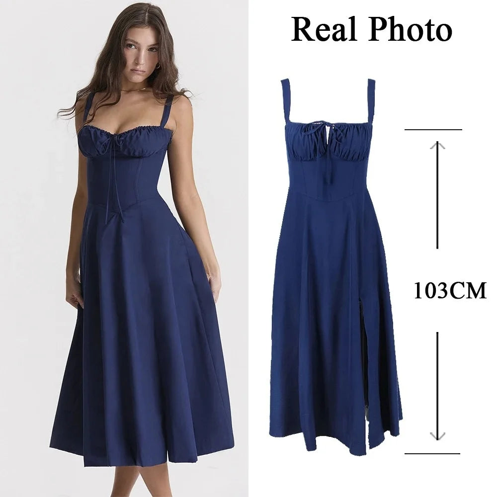 Women's Elegant Lace-Up Corset Midi Dress with Thigh Split