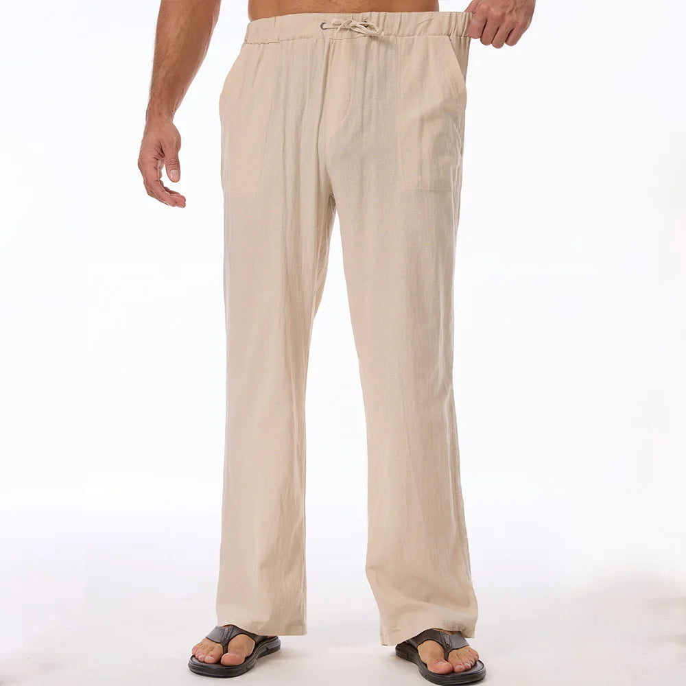 Men's Cotton Linen Elastic Waist Straight-Leg Pants