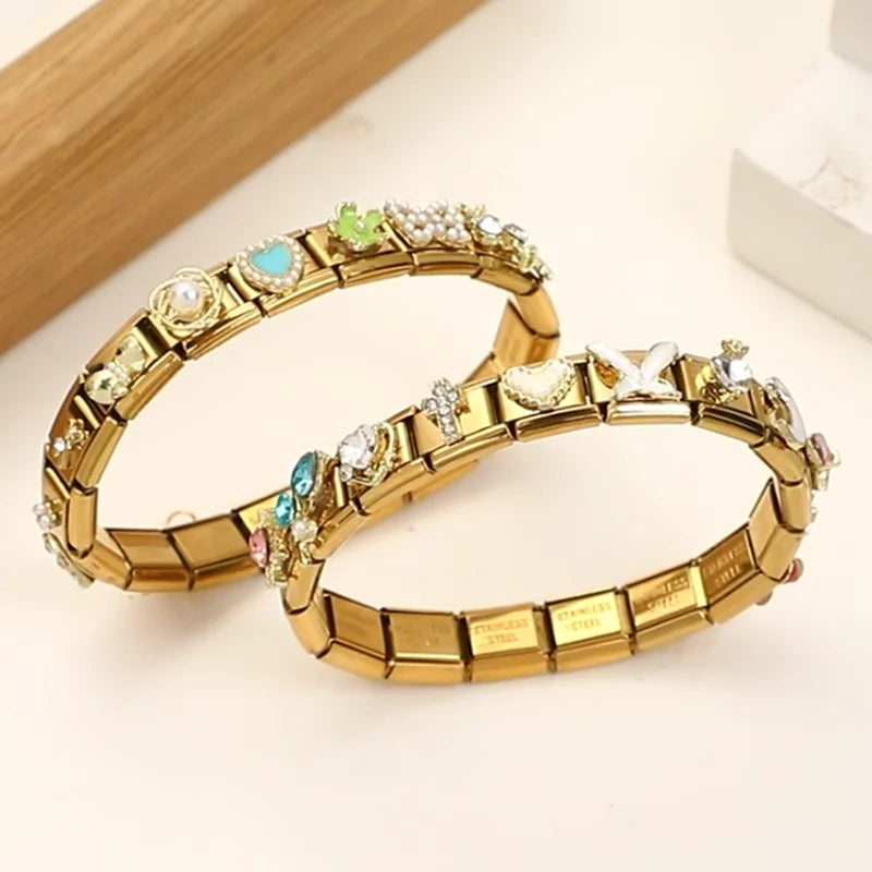 Zircon Heart Bow Butterfly Flowers Gold Color Italian Charm Links Fit 9MM Stainless Steel Bracelet Women Men DIY Making Jewelry
