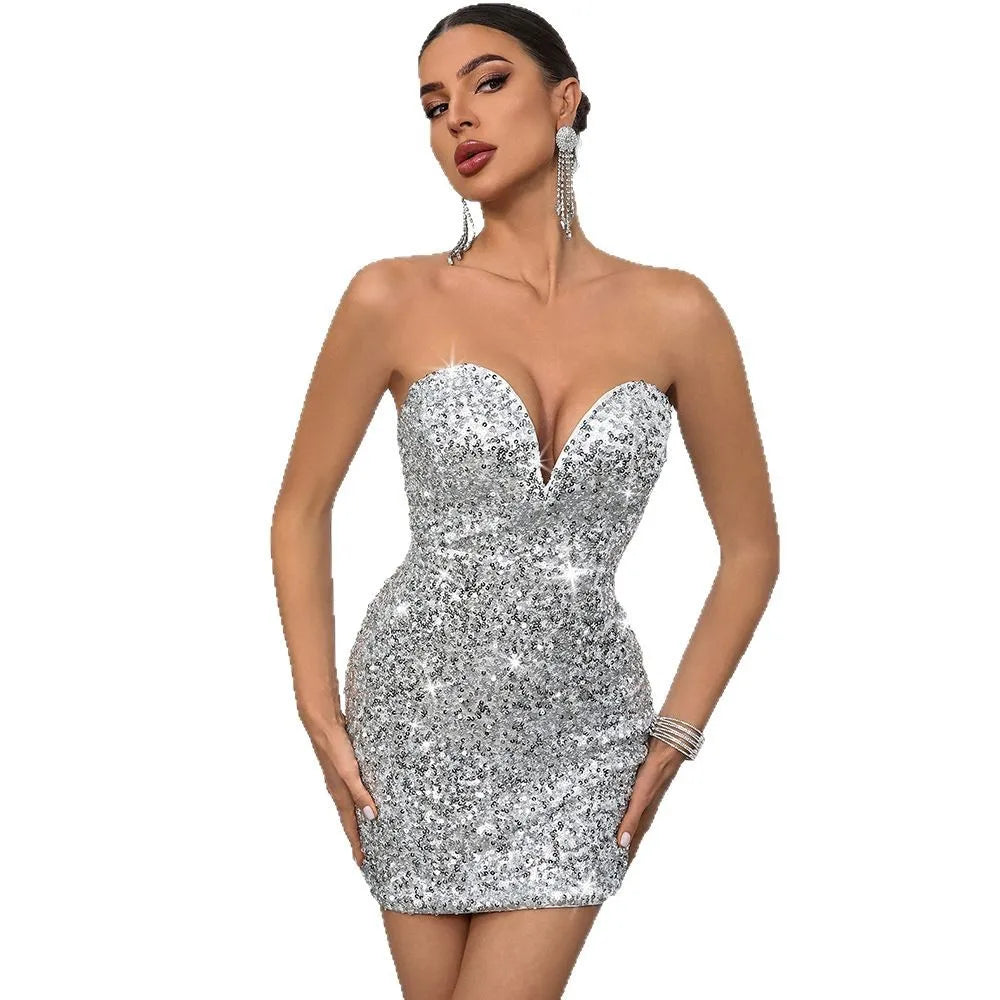 Women's Strapless Backless Sequin Party Mini Dress