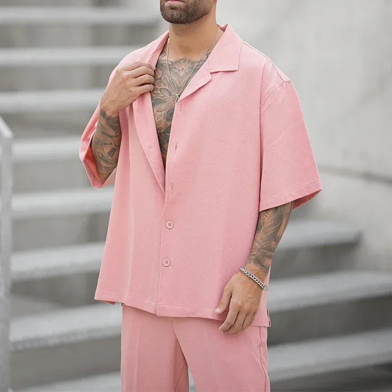 Men’s 2-Piece Short-Sleeve Shirt & Pants Set – Casual Loose Fit Leisure Suit