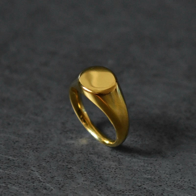Unisex Gold-Tone Oval Signet Flat Top Stainless Steel Ring