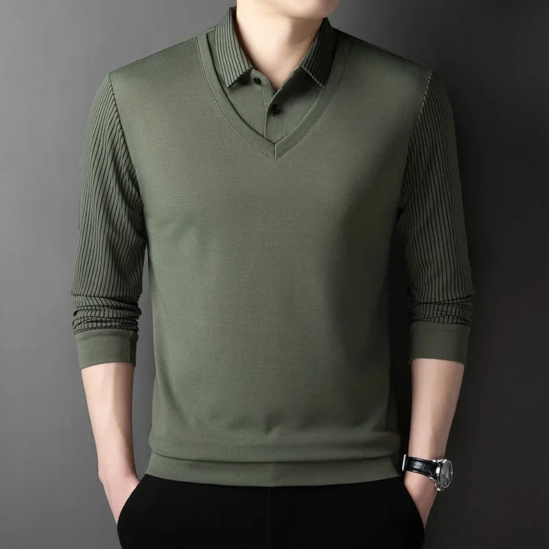 Men’s Long-Sleeve Layered Look Polo Shirt – Business Casual Versatile Top