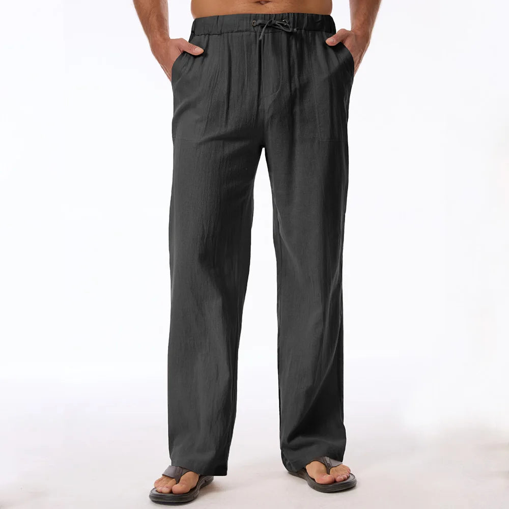 Men's Cotton Linen Elastic Waist Straight-Leg Pants