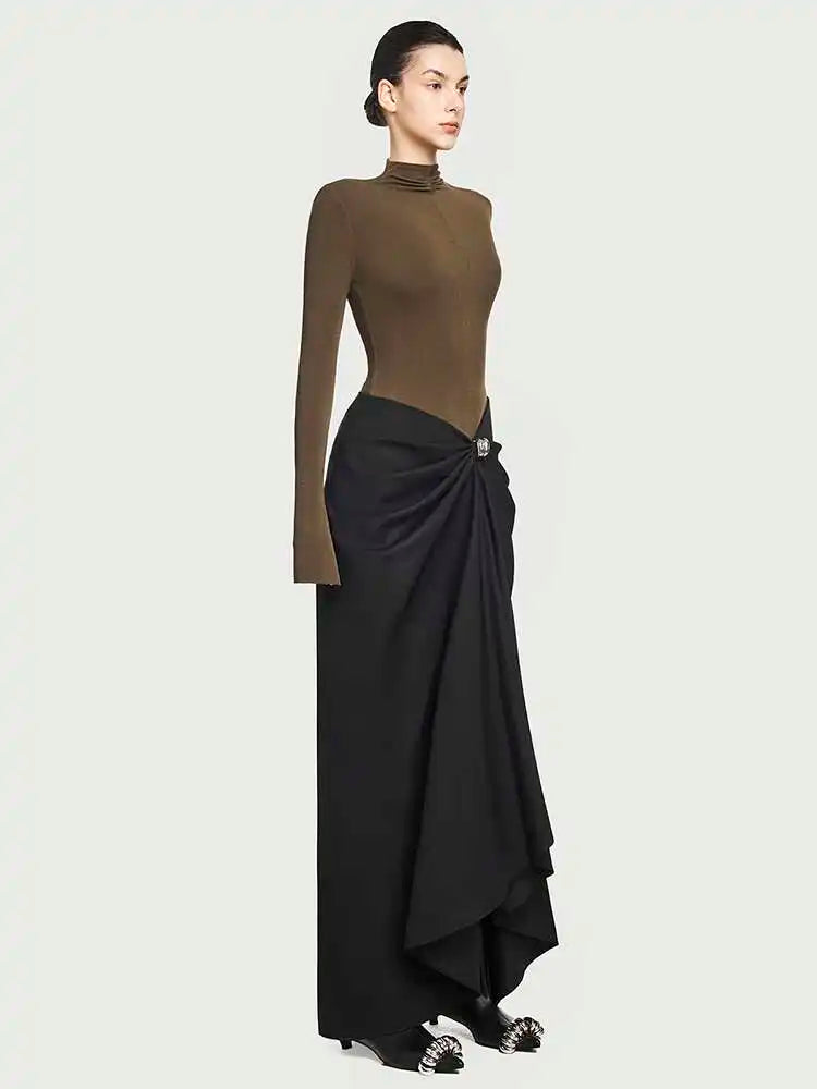 Women's Stand-Collar Metal Buckle Pleated Asymmetrical Evening Maxi Dress