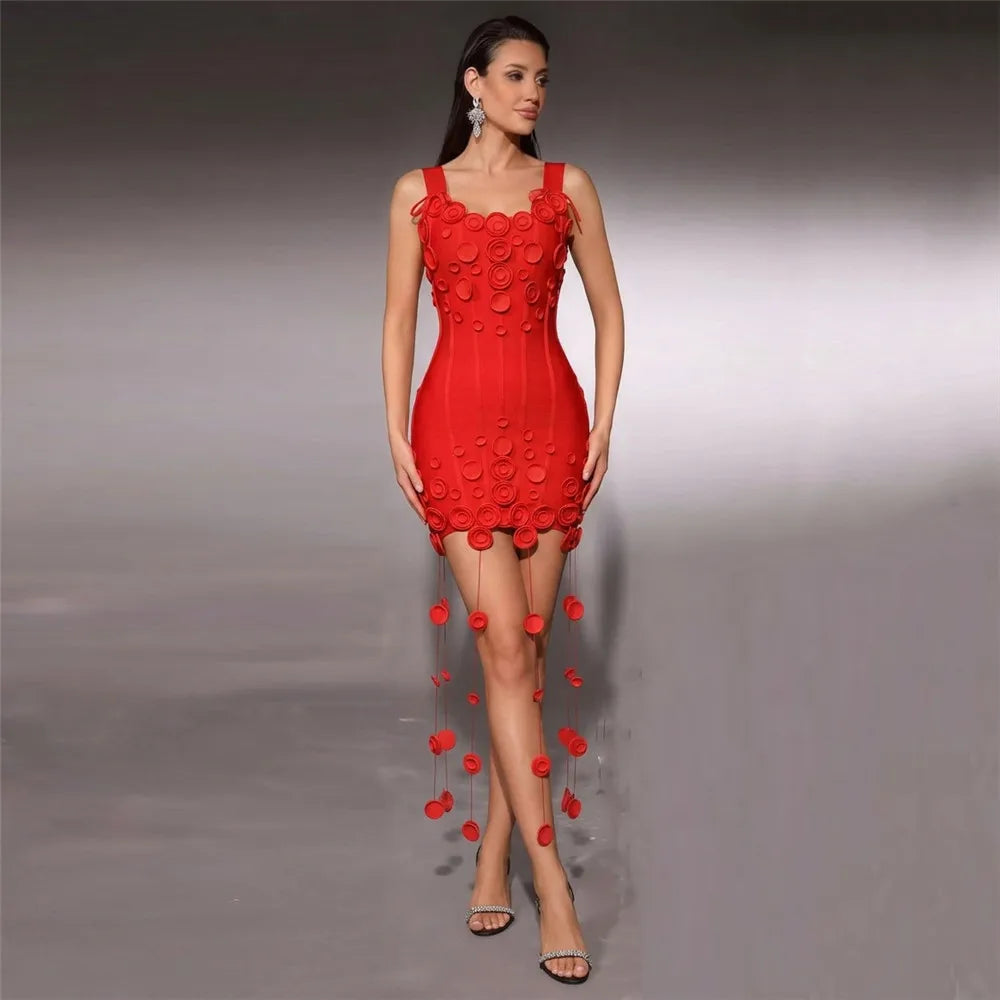 Women's 3D Floral Appliqué & Tassel Bandage Mini Dress