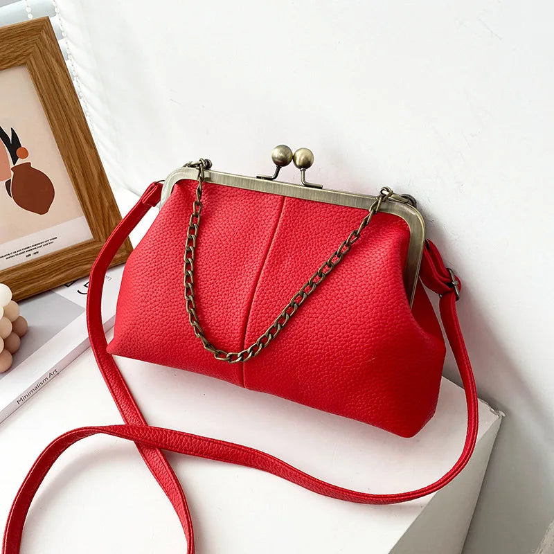 Women's Vintage Kiss-Lock PU Leather Chain Crossbody & Shoulder Bag