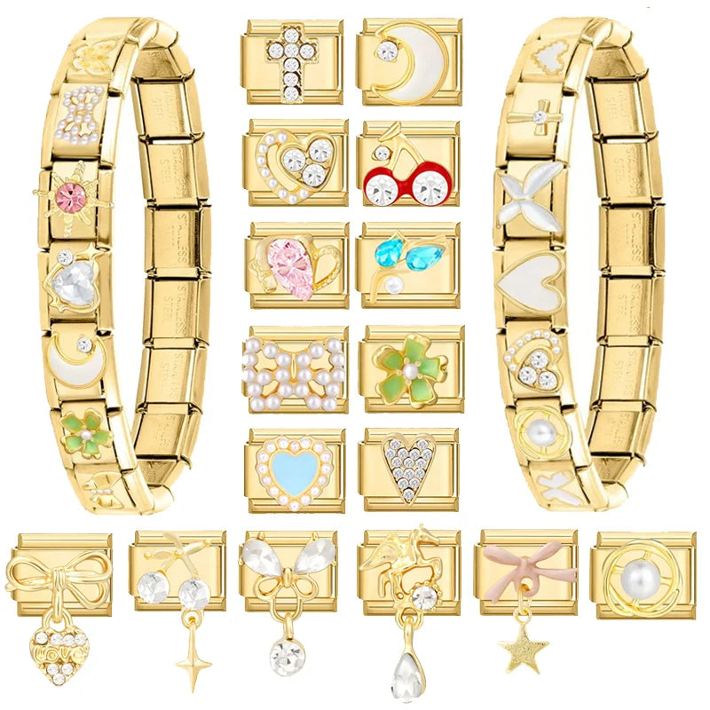 Zircon Heart Bow Butterfly Flowers Gold Color Italian Charm Links Fit 9MM Stainless Steel Bracelet Women Men DIY Making Jewelry