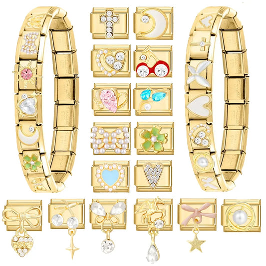 Zircon Heart Bow Butterfly Flowers Gold Color Italian Charm Links Fit 9MM Stainless Steel Bracelet Women Men DIY Making Jewelry