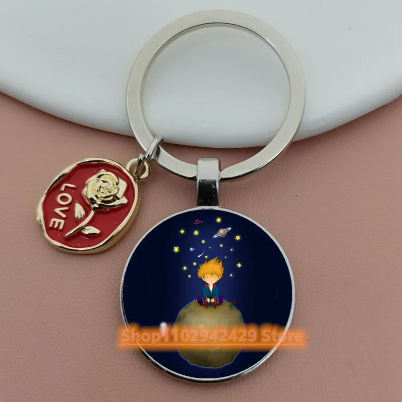 Little Prince Round Glass & Enamel Rose Keychain | DIY Handcrafted Car Keyring & Bag Charm