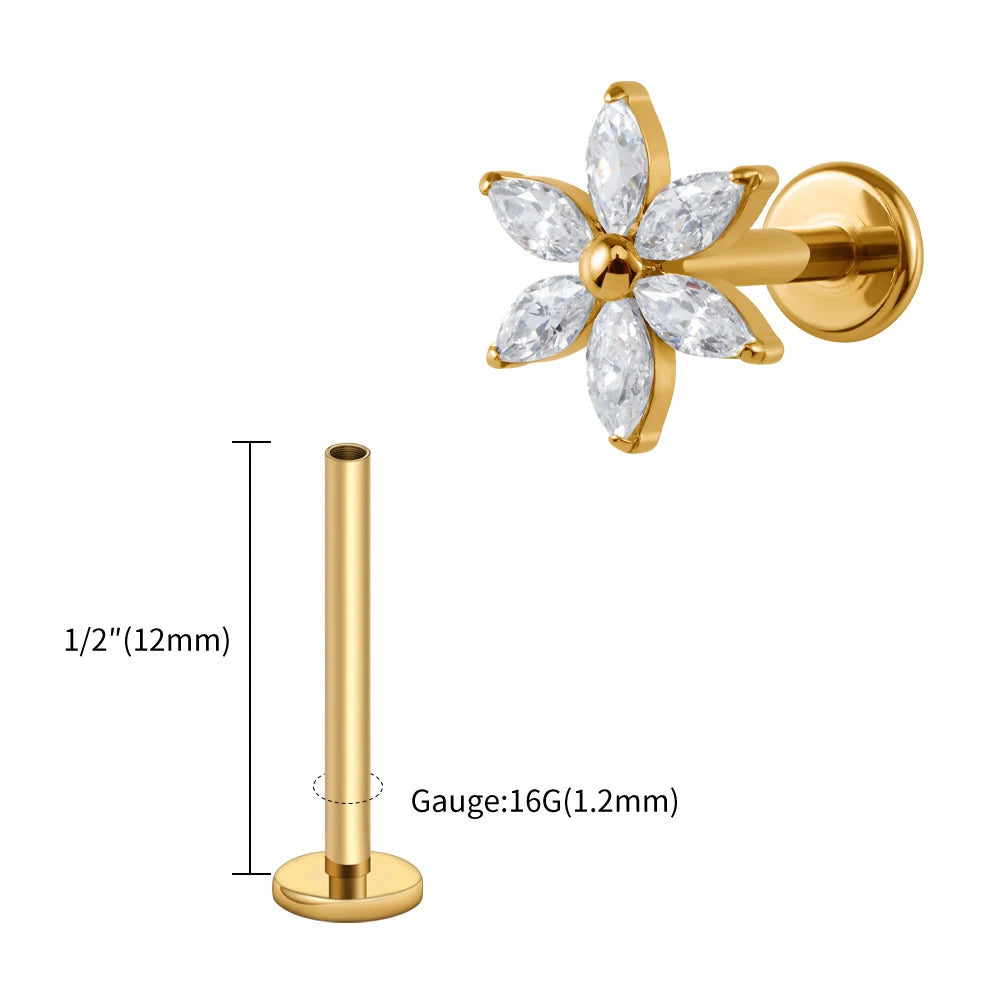 ASTM F136 Titanium 16G Marquise Flower CZ Flat Back Labret Piercing