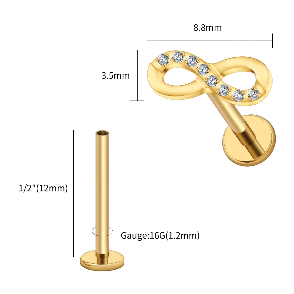 Right Grand ASTM F136 Titanium CZ Infinity Symbol Stud Earring 16G Cartilage Helix Tragus Stud Flat Back Labret Piercing Jewelry