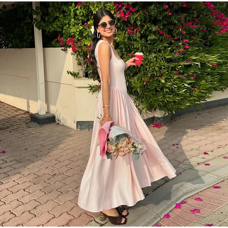 Elegant Square Neck Midi Dress For Women Elegant Solid Sleeveless High Waist Long Dress 2025 Summer Holiday Evening Vestidos