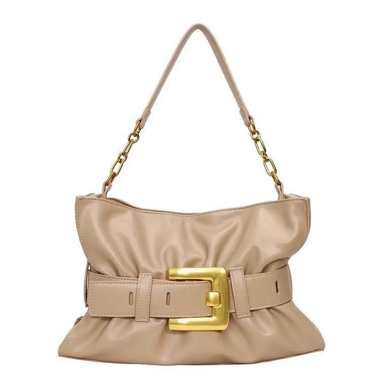 Women's Vintage Soft PU Leather Cloud Pleats Tote Bag with Metal Belt Buckle