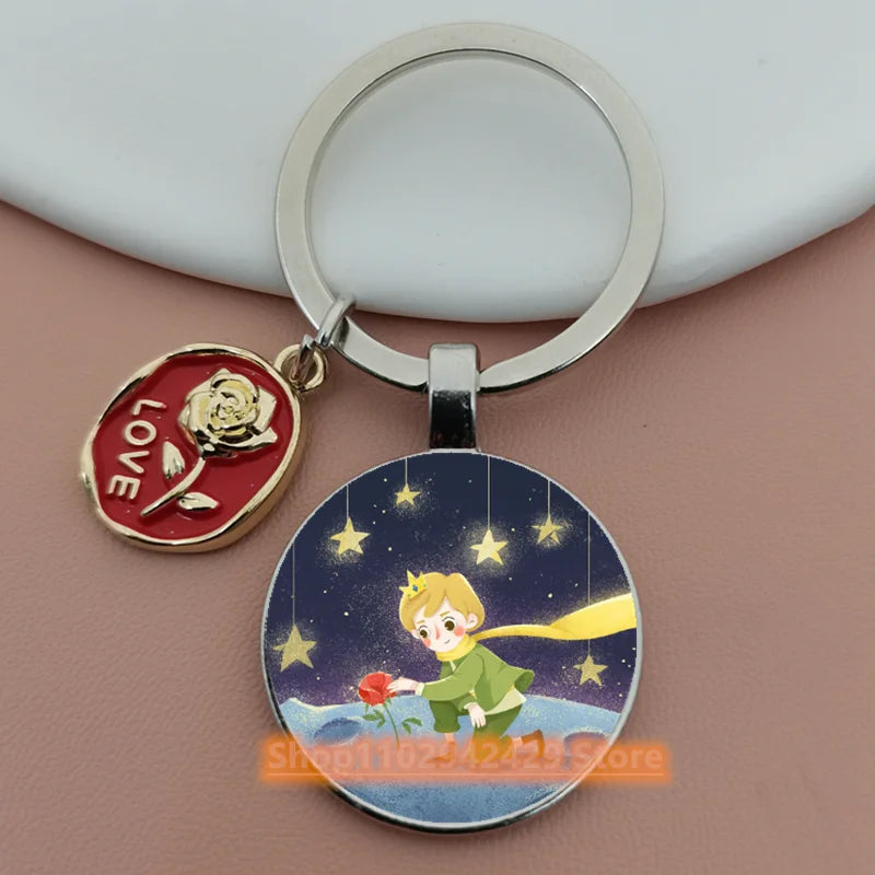 Little Prince Round Glass & Enamel Rose Keychain | DIY Handcrafted Car Keyring & Bag Charm