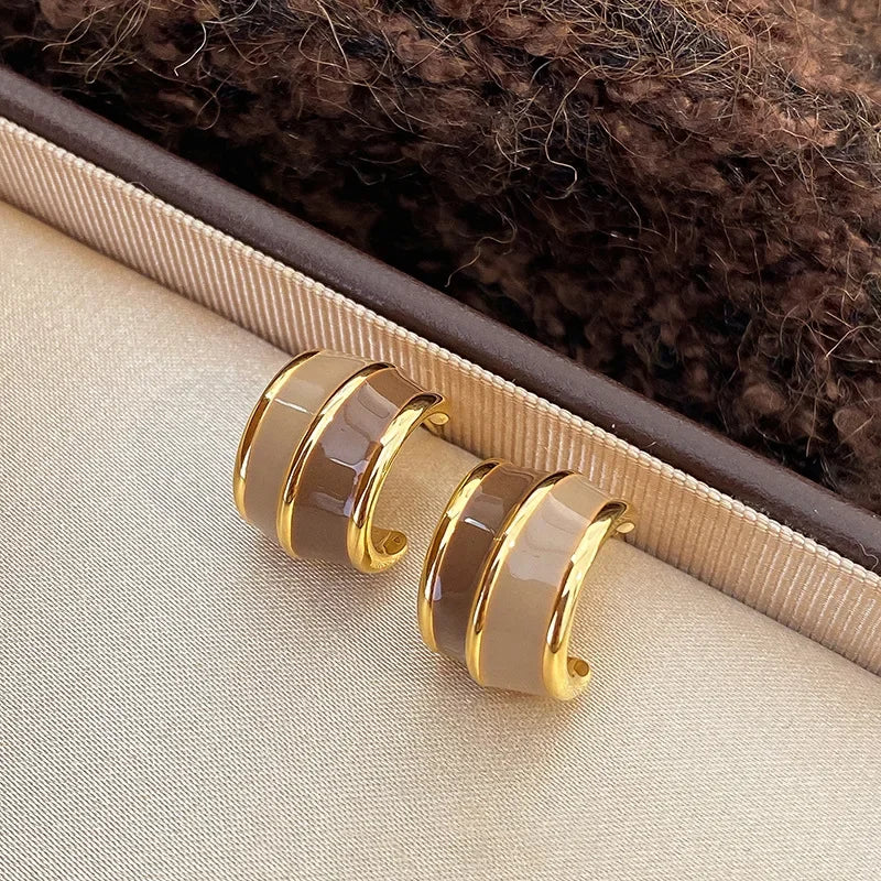 Vintage Brown Resin & Gold-Tone Drip Glaze Geometric Stud Earrings