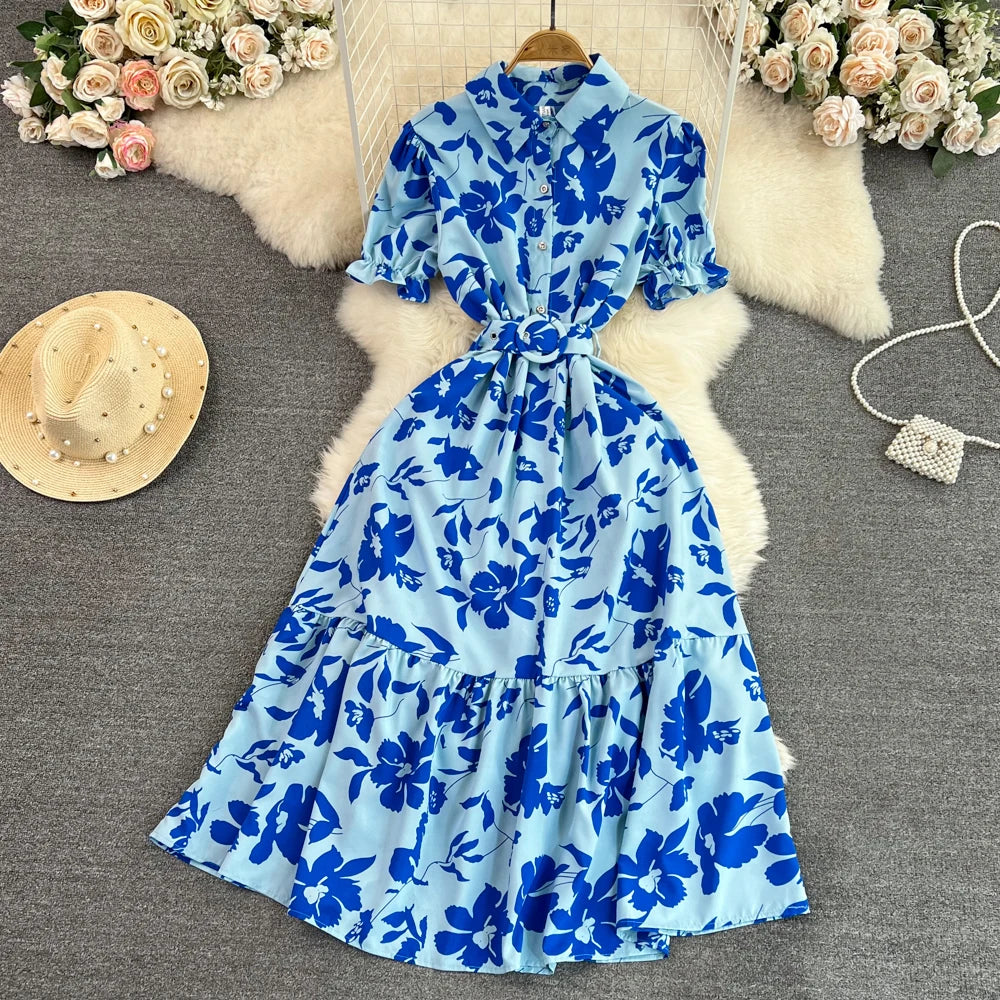 Retro Bubble Sve  Collar Slim Fit Midi Dr Floral Print ort Sve Women's Korean Sle Commute High Waist irt D...