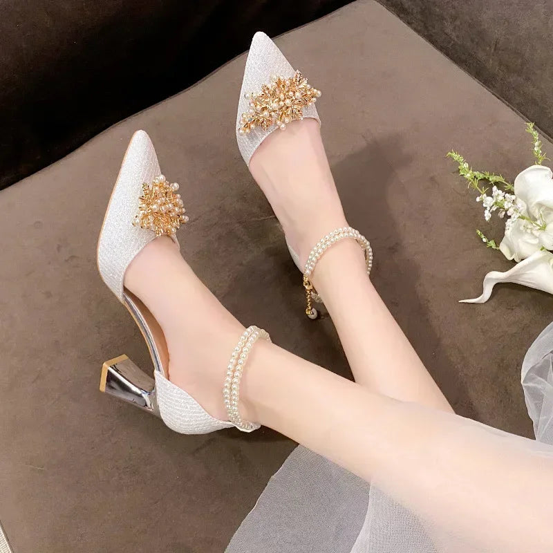 Women's Pointed Toe Metal Beaded High Heel Wedding & Banquet Pumps