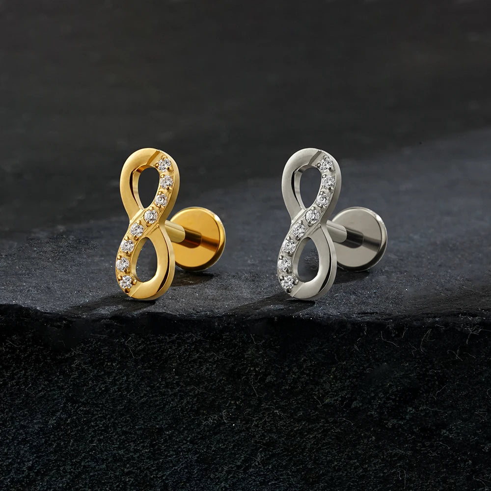 Right Grand ASTM F136 Titanium CZ Infinity Symbol Stud Earring 16G Cartilage Helix Tragus Stud Flat Back Labret Piercing Jewelry