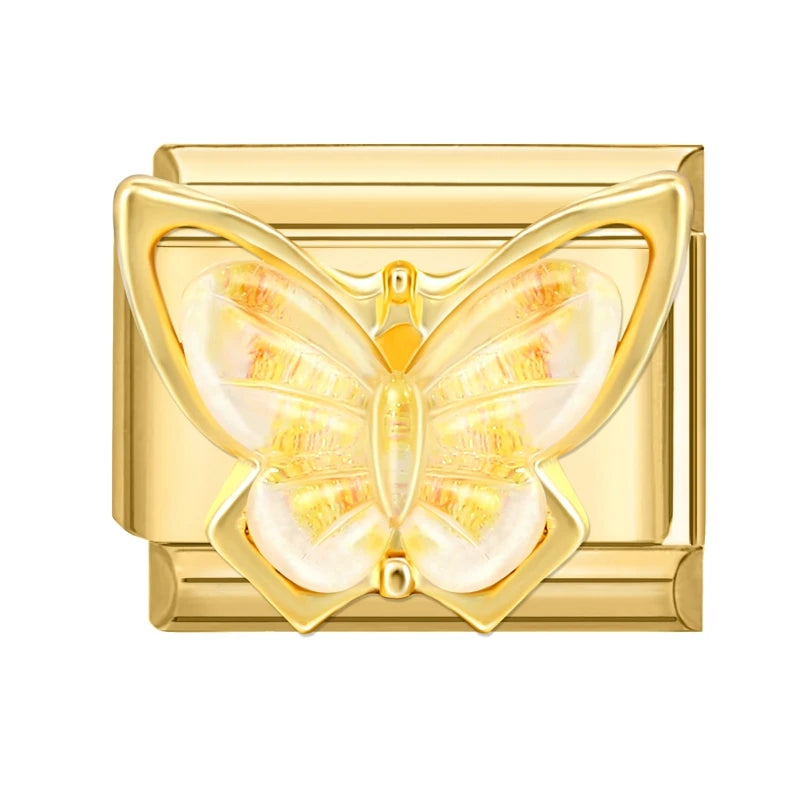 Zircon Heart Bow Butterfly Flowers Gold Color Italian Charm Links Fit 9MM Stainless Steel Bracelet Women Men DIY Making Jewelry
