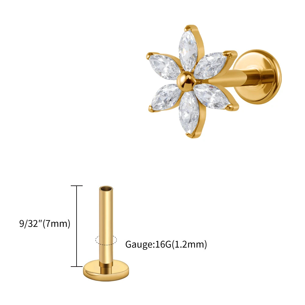 ASTM F136 Titanium 16G Marquise Flower CZ Flat Back Labret Piercing