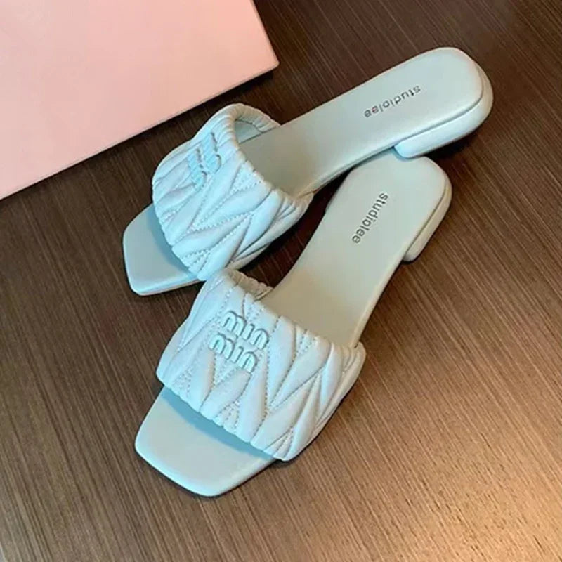 Women's Summer Solid-Color Square-Toe Lightweight Square-Heel Mules & Slides