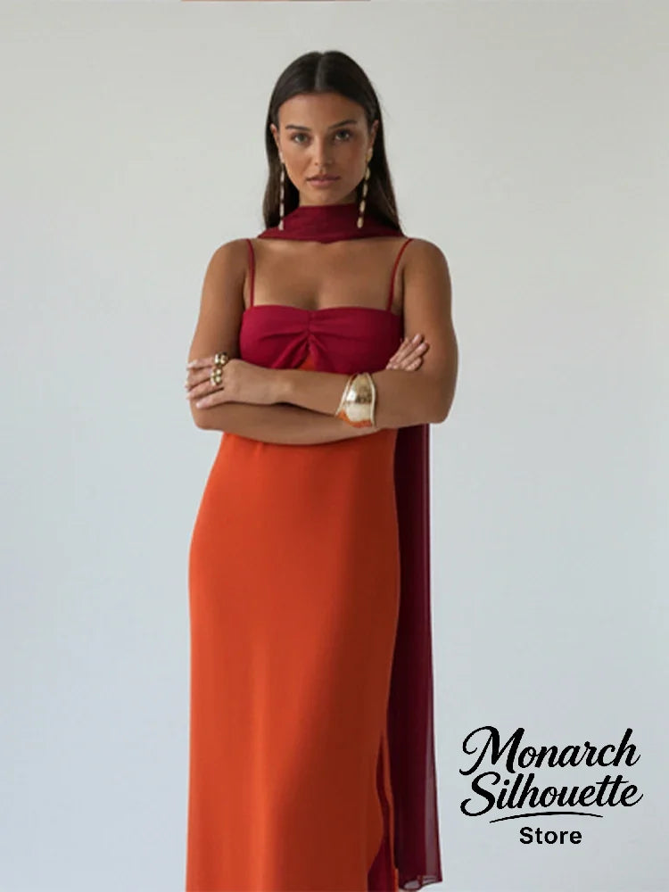 Women's Color-Block Scarf Collar High-Slit Sling Maxi Dress