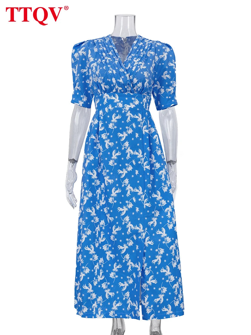 TTQV Summer Loose Print Women's Dress 2026 Fashion V-Neck Short Sleeve Ankle Length Dresses Elegant Classic High Waist Female Dr