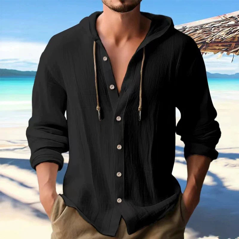 Men's Loose Cotton-Linen Long-Sleeve Hooded Shirt