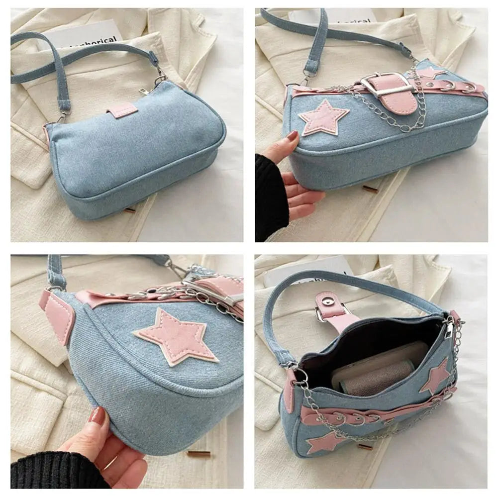 Women's Denim Star Pattern Underarm Bag & Chain Shoulder Hobo Bag