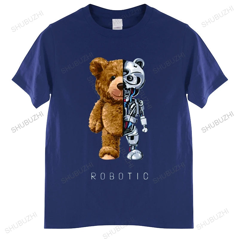 Men’s Robotic Teddy Bear Graphic T-Shirt – 100% Cotton Streetwear Tee