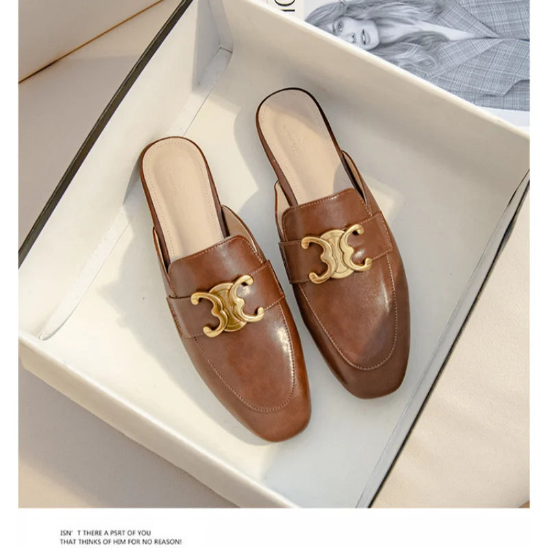 Women's Square-Toe PU Leather Mules with Gold Metal Buckle | Extended Size 41