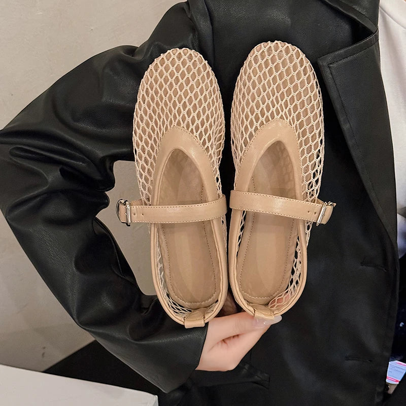 Women's Summer Cut-Out Mary Jane Fishnet Flats | Casual Round-Toe Buckle Shoes