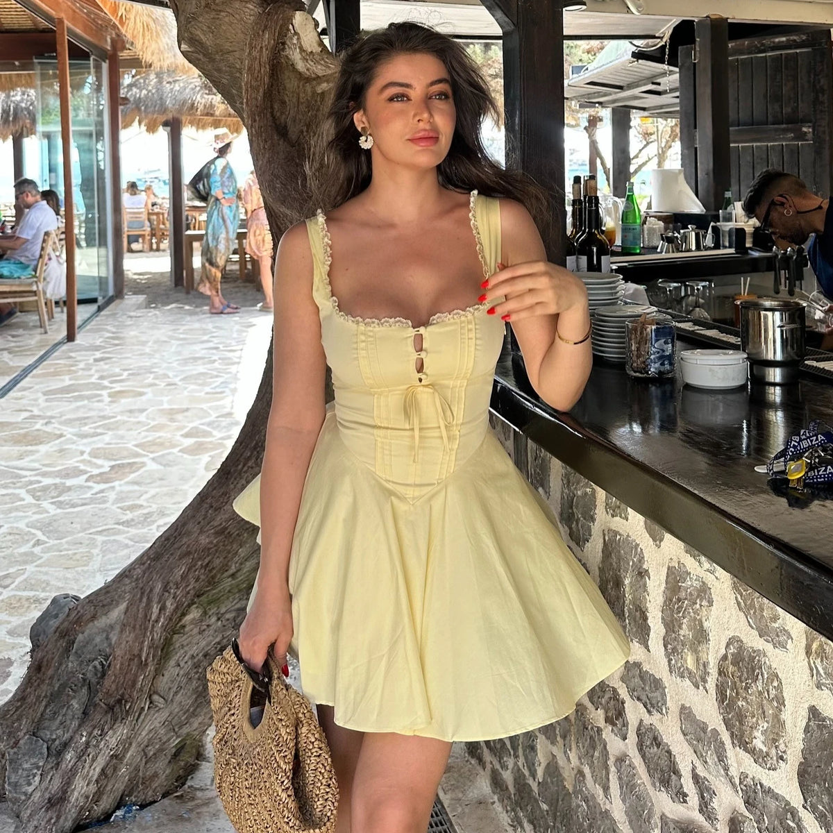 Mingmingxi 2024 Summer Lovely A Line Dress Yellow Sexy Party Dresses Hollow Out Lace Up Elegant Holiday Dress Women