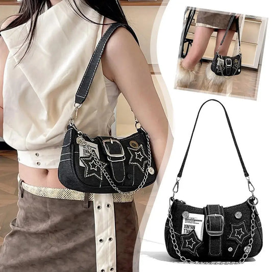 Y2K Denim Star Pattern Rivet Shoulder & Armpit Bag