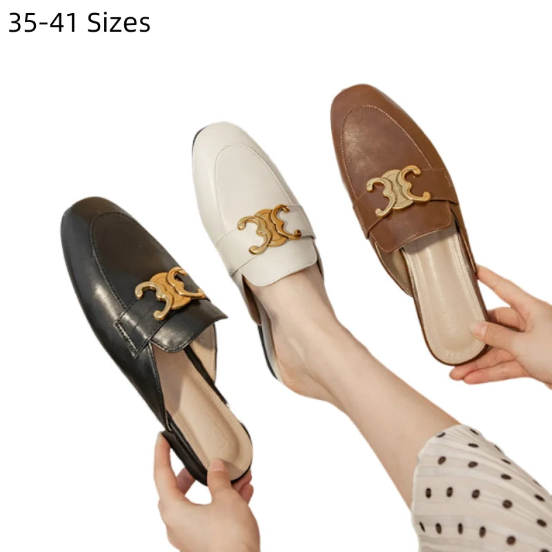 Women's Square-Toe PU Leather Mules with Gold Metal Buckle | Extended Size 41