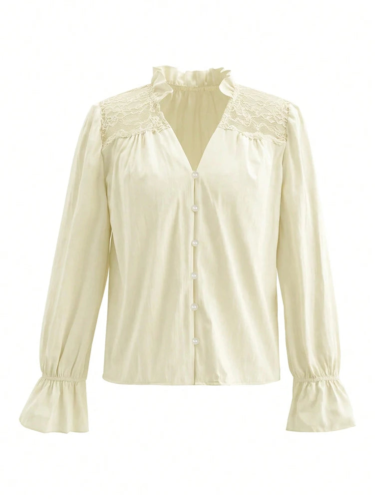Fall 2026 New Arrival: Elegant Women's Patchwork Lace Long-Sleeve Shirt for Everyday Wear and Lounging at Home