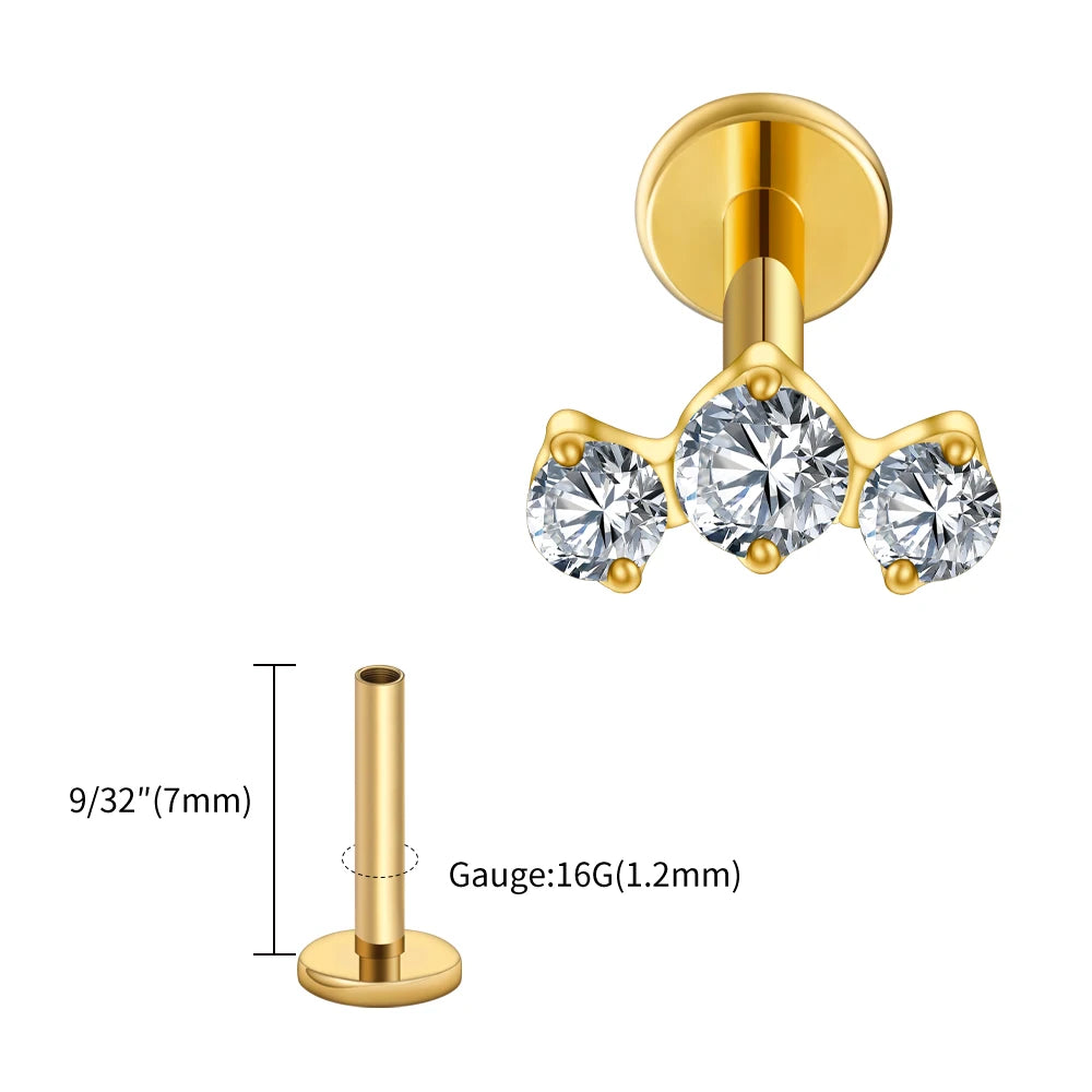 ASTM F136 Titanium 16G Triple CZ Cluster Flat Back Labret Piercing