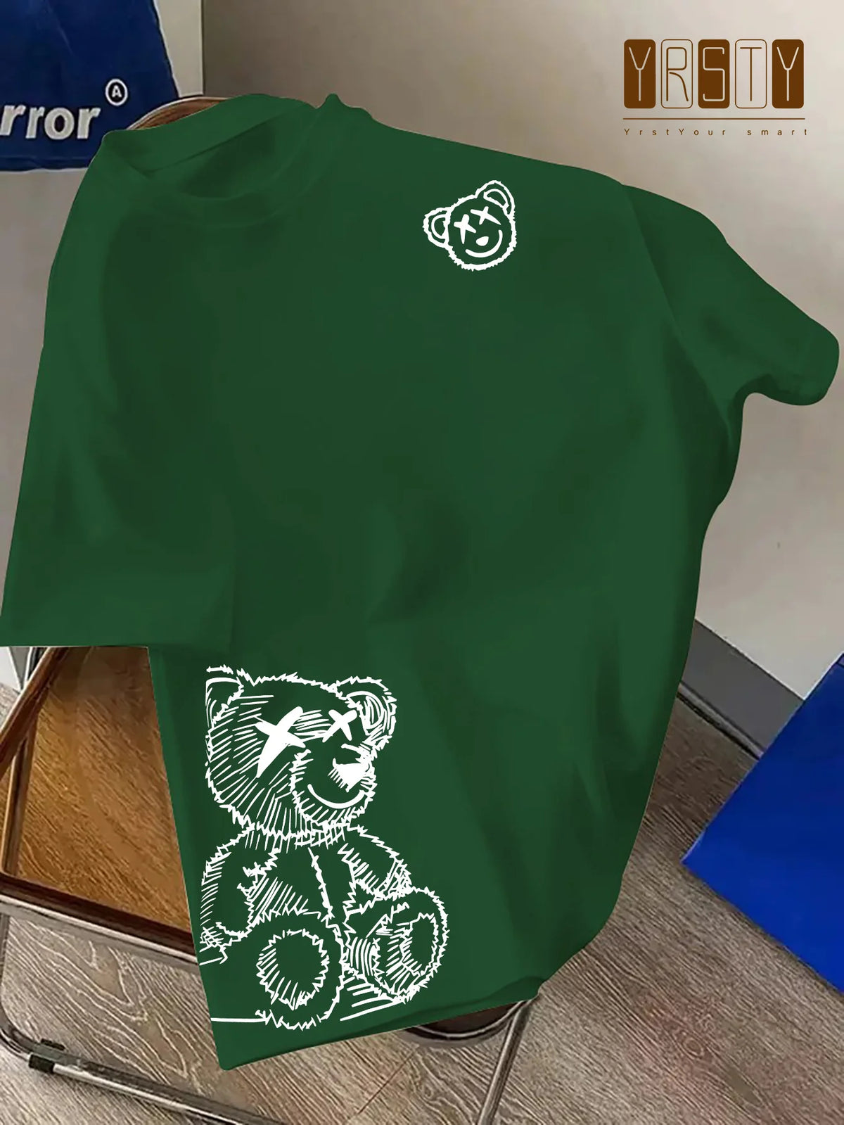 Men's 100% Pure Cotton Cartoon Bear Pattern Printed Casual Loose round Neck Short Sleeved T-Shirt Fashionable Sports Top