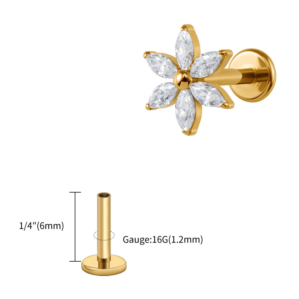ASTM F136 Titanium 16G Marquise Flower CZ Flat Back Labret Piercing