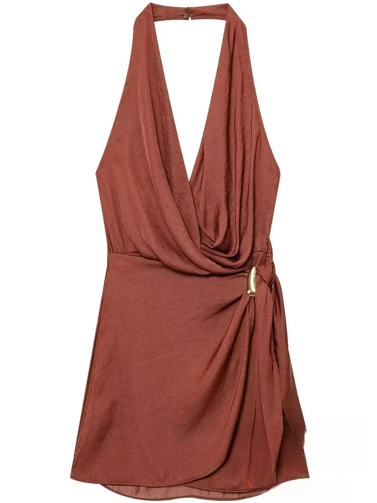 KONDALA Sexy Chic Women Halter Dress Solid Sleeveless Backless Mini Party Dress Fashion 2025 Spring Summer Holiday Beach Dress