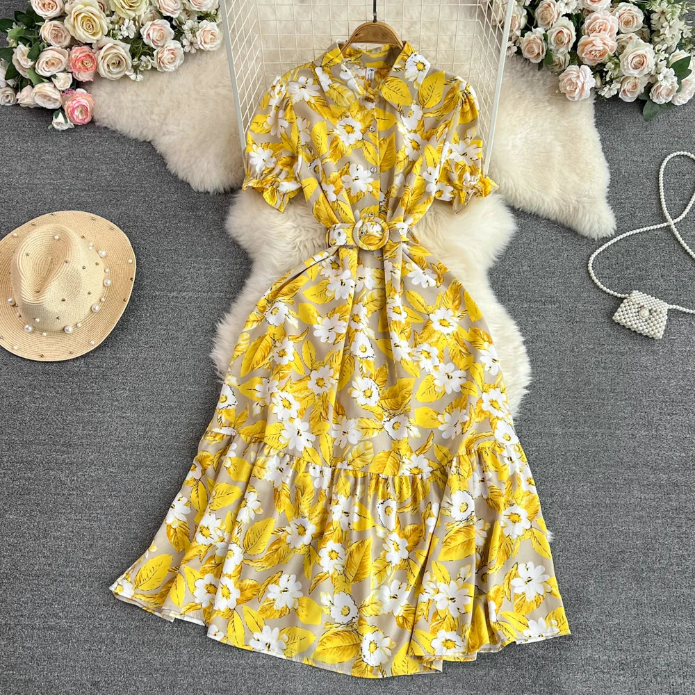 Retro Bubble Sve  Collar Slim Fit Midi Dr Floral Print ort Sve Women's Korean Sle Commute High Waist irt D...