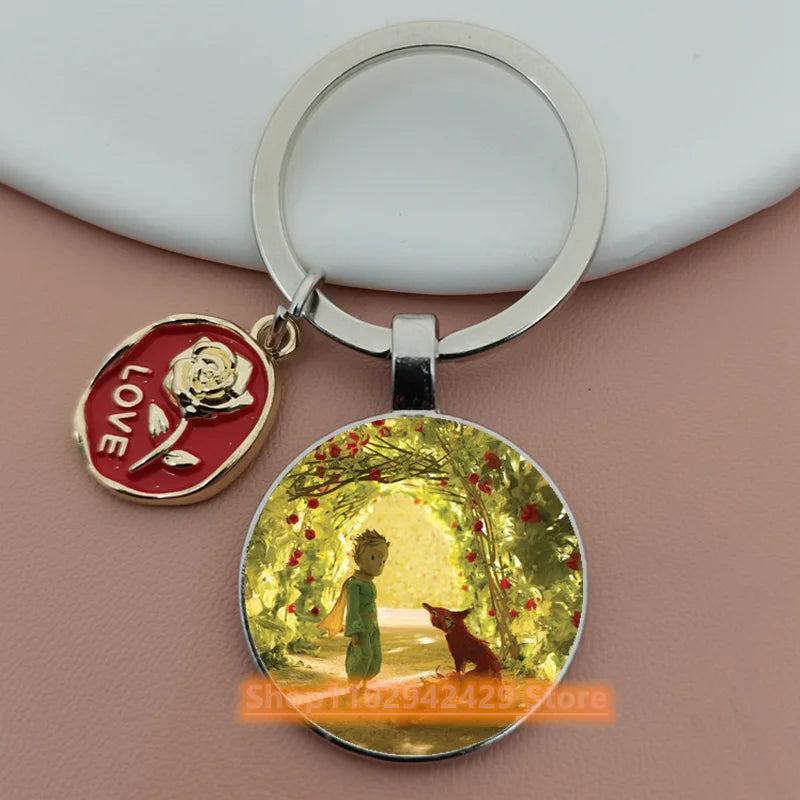 Little Prince Round Glass & Enamel Rose Keychain | DIY Handcrafted Car Keyring & Bag Charm